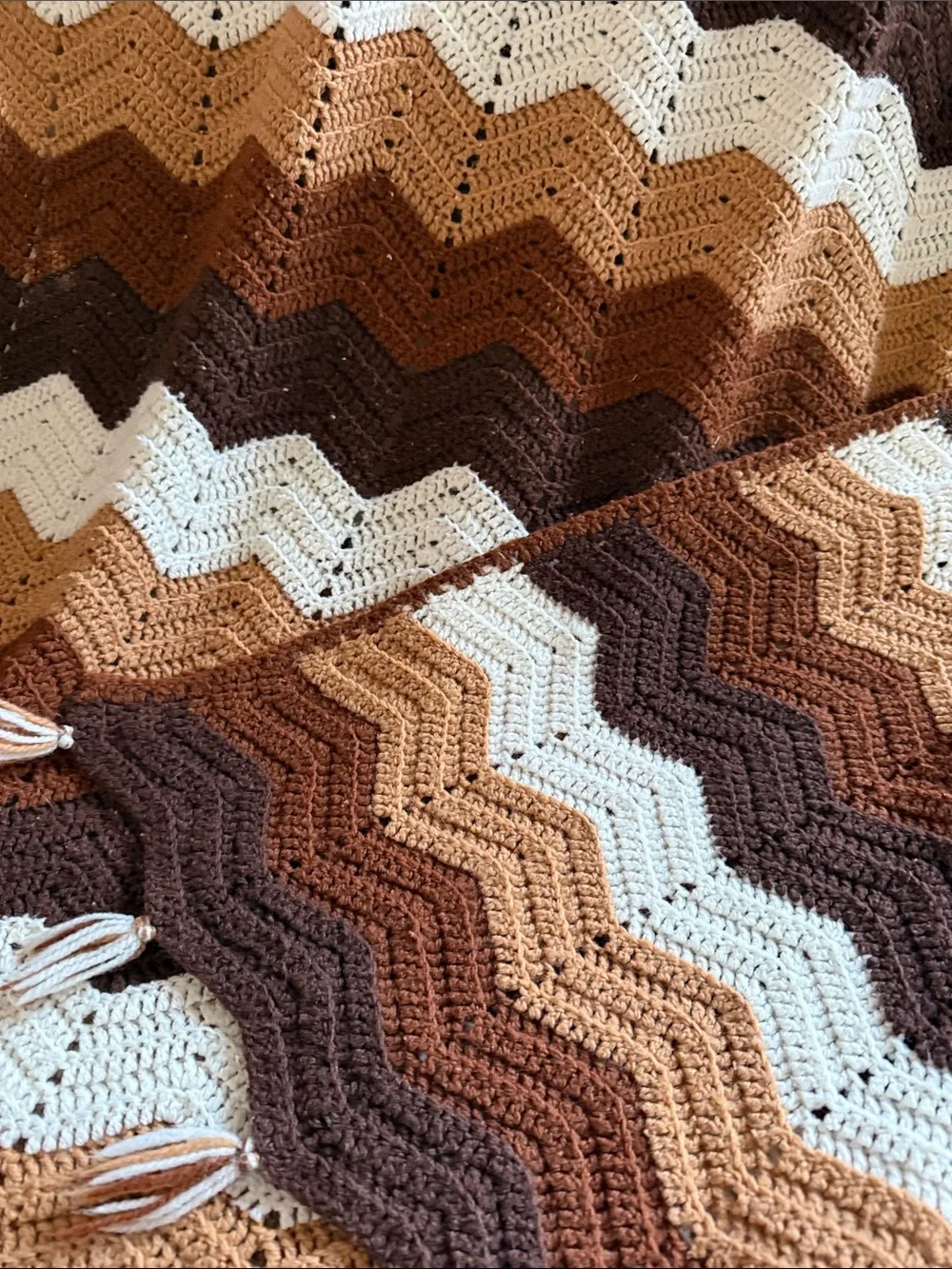 Hand Crafted Brown, Tan & White Chevron Crochet Throw Blanket